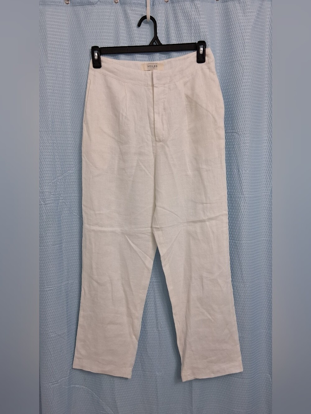 Veiled Linen Blend White Straight-Leg Womens Trousers